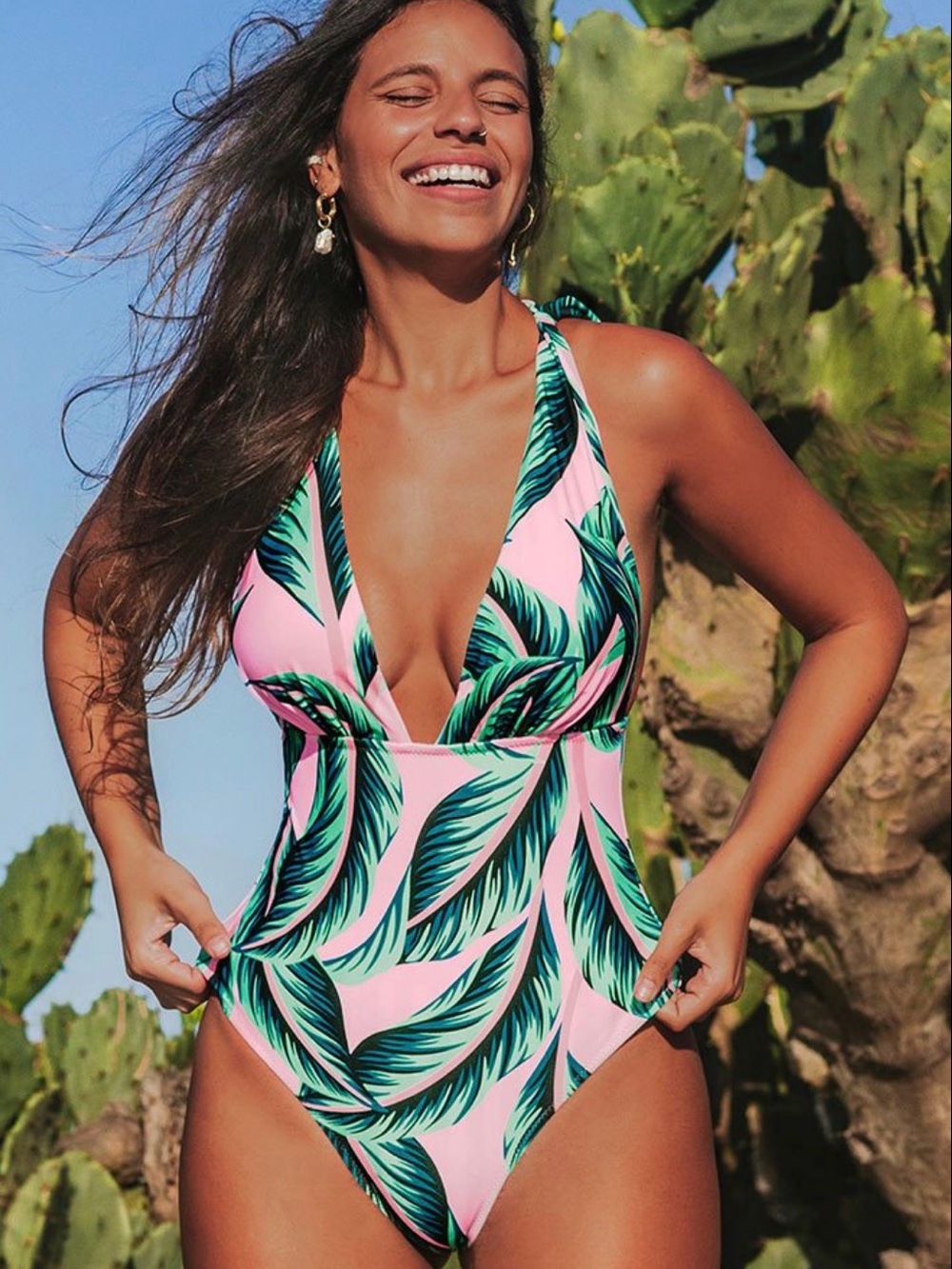Cupshe Pink Tropical Leaf One-Piece Swimsuit